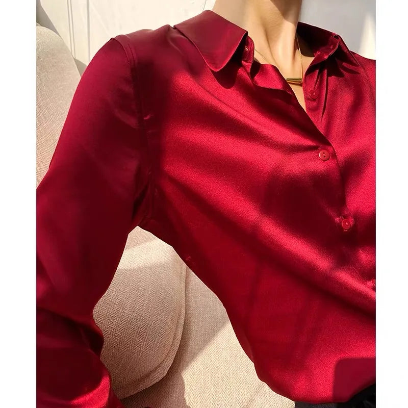 Spring Autumn Elegant Satin Women's Blouse 2026 New Long Sleeve Turn-down Collar Korean Casual Loose Office Lady Shirts Female