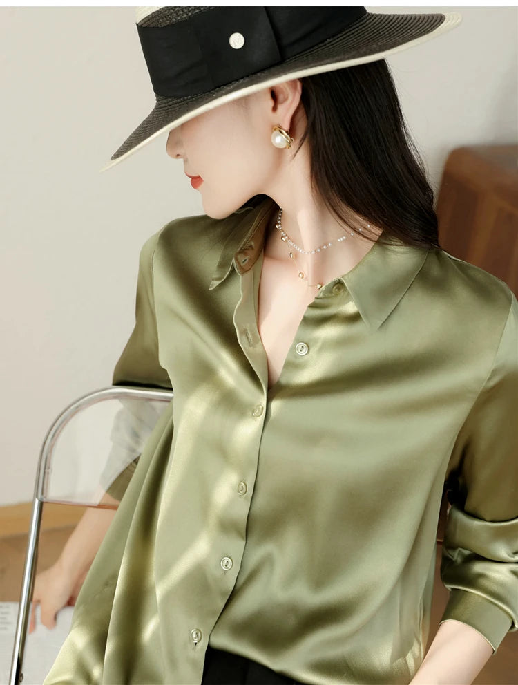Spring Autumn Elegant Satin Women's Blouse 2026 New Long Sleeve Turn-down Collar Korean Casual Loose Office Lady Shirts Female