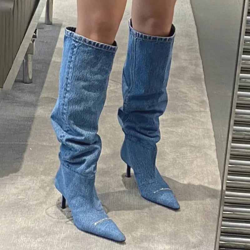 Botas vaqueras hasta la rodilla Chelsea para Mujer, zapatos de tacón de aguja con punta estrecha, estilo gladiador, para motocicleta, otoño e invierno, 2023