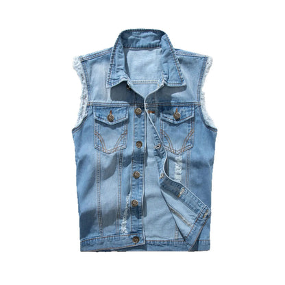 New Fashion Men Ripped Denim Waistcoats Sleeveless Jackets Light Blue Holes Denim Vests Male Cotton Slim Jeans Waistcoats 6XL