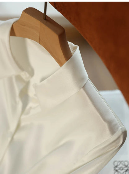 Spring Autumn Elegant Satin Women's Blouse 2026 New Long Sleeve Turn-down Collar Korean Casual Loose Office Lady Shirts Female
