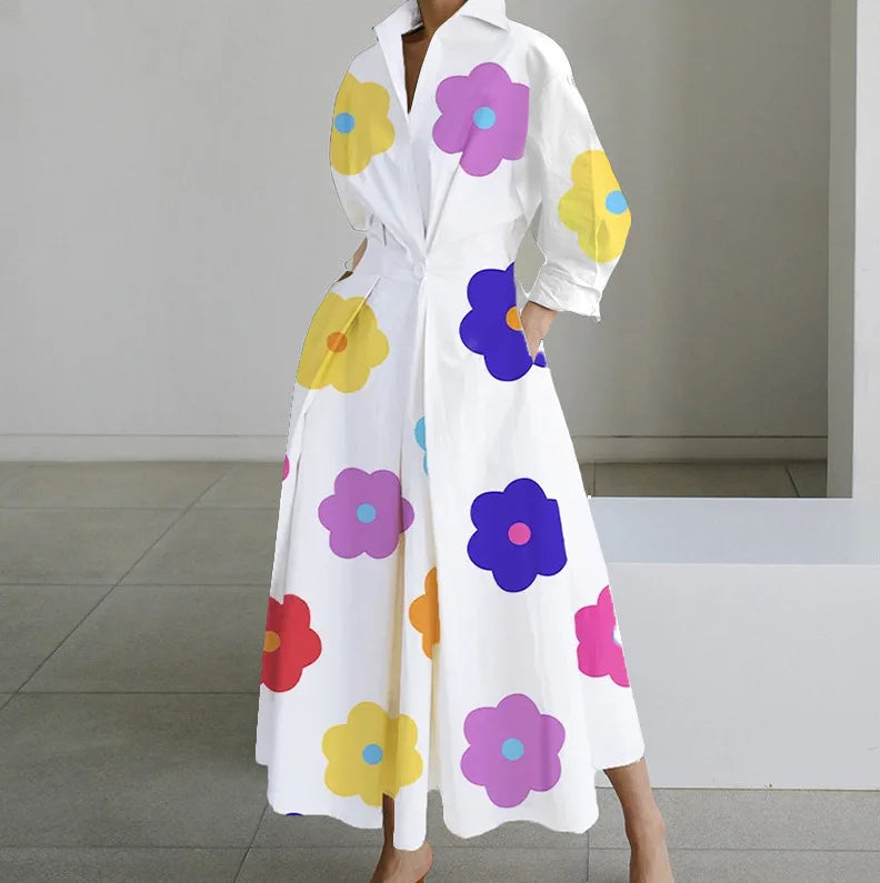 Autumn Dress Long Sleeve Dot Print Elegant Maxi Dresses For Women 2025 White Casual V Neck Shirt Party Long Dress Robe Femme
