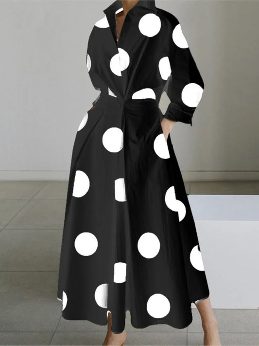Autumn Dress Long Sleeve Dot Print Elegant Maxi Dresses For Women 2025 White Casual V Neck Shirt Party Long Dress Robe Femme
