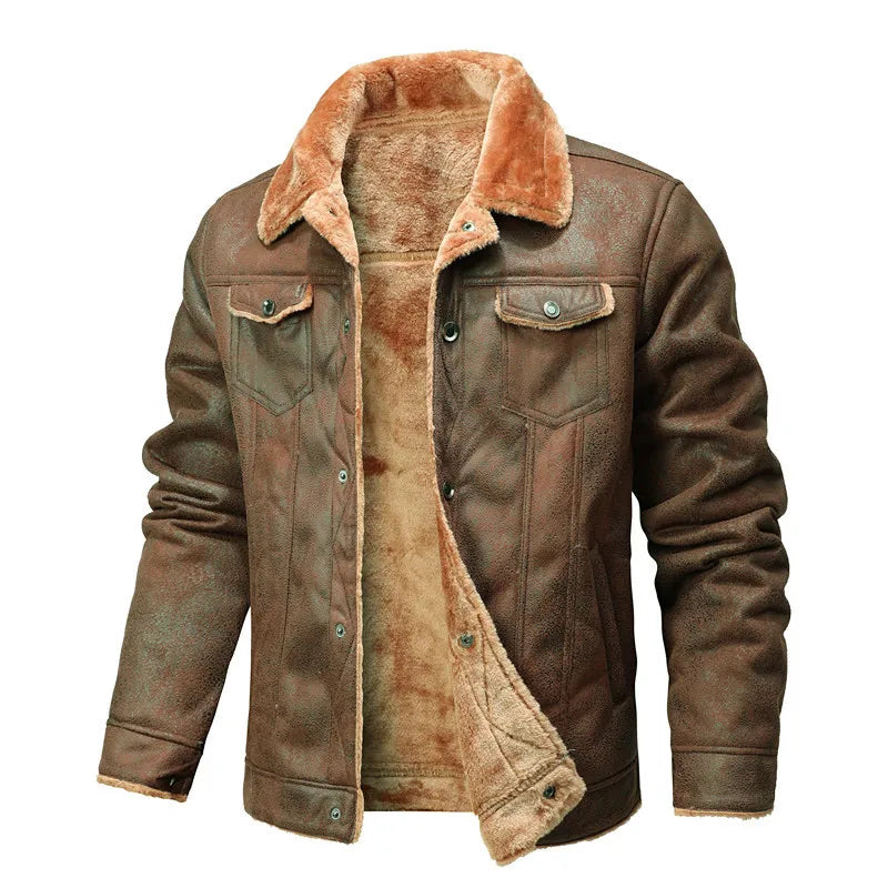 New Fashion Men Diagonal Zipper Leather and Fur Integrated Jackets and Coats Male Fleece Warm Leather Jackets Slim Fit Jaquetas