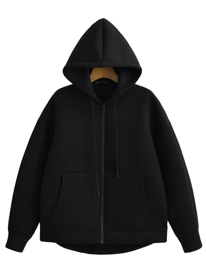 HH 2026 Casual Women's Soild Zipper Hoodie Long Sleeve Big Pocket Zipper Jacket With Hood Female Loose Outerwear Coat Tops