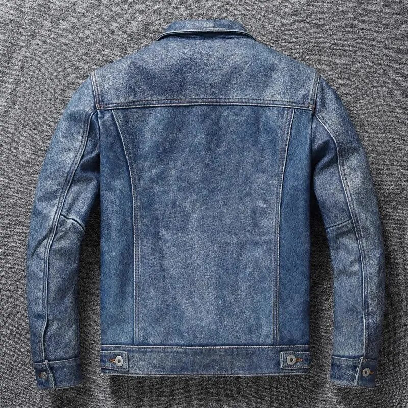 Envío gratis. Chaqueta de cuero vaquera azul Vintage para hombre. Abrigo de piel de vaca ajustado de calidad. 557 paño de cuero genuino ajustado.