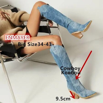 ENMAYER Cowboy Women Knee High Boots High Quality  Motorcycle Boots Thick Heels Autumn Winter Fashion Casual Shoes Woman BigSize