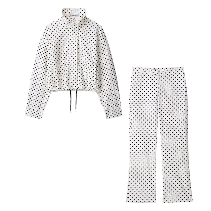 Woman Autumn Long Sleeves Turtleneck Zipper With Pockets Drawstring Casual Coats Women Fashion Polka Dot Printed Jacket