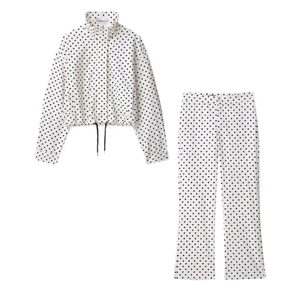 Woman Autumn Long Sleeves Turtleneck Zipper With Pockets Drawstring Casual Coats Women Fashion Polka Dot Printed Jacket