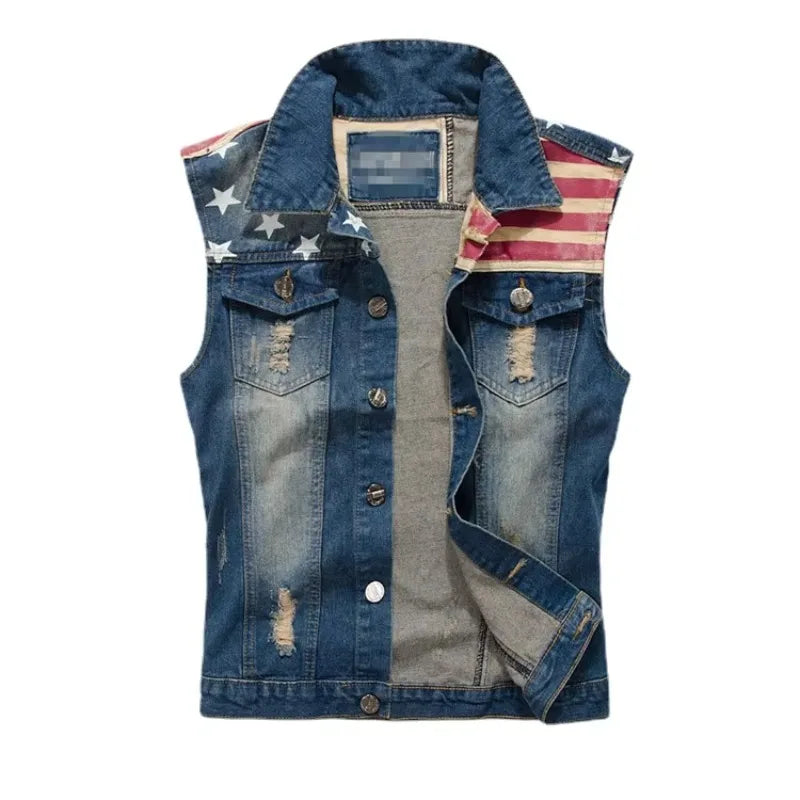 Men Slim Denim Vests Waistcoats Jackets Fashion Male Blue Fit Denim Coats Vests Large Size Punk Style Holes Jeans Vest Size 6XL