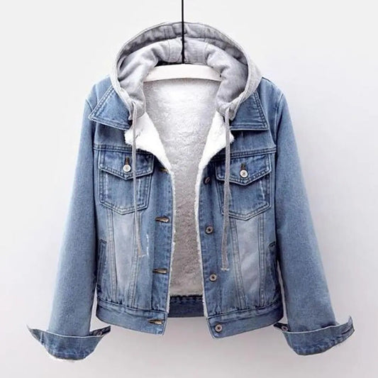 Chaqueta de invierno con capucha para mujer, gorro desmontable liso de manga larga, grueso, mantiene el calor, abrigo de invierno vaquero de felpa de talla grande con una sola botonadura