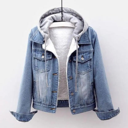 Chaqueta de invierno con capucha para mujer, gorro desmontable liso de manga larga, grueso, mantiene el calor, abrigo de invierno vaquero de felpa de talla grande con una sola botonadura