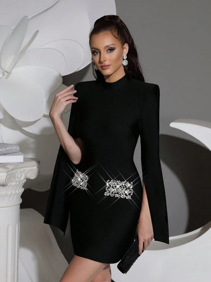 Modphy Black Women's Diamond Cloak Sleeve Design Bandage Mini Dress Long Sleeve Elegant Fashion Birthday Party Wedding Guest