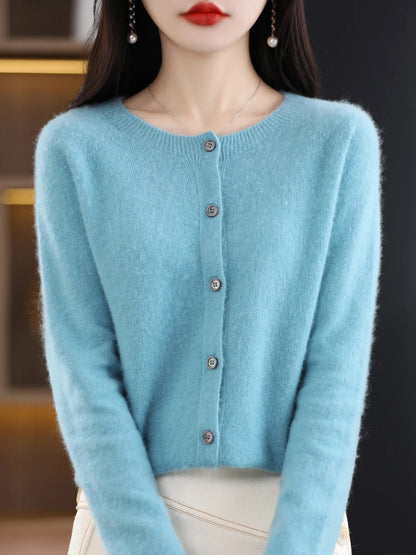 2026 New Chic Women's Basic O-neck Cardigan 100% Merino Wool Sweater Soft Grace Knitwear CoatSpring Autumn Female Clothes Tops