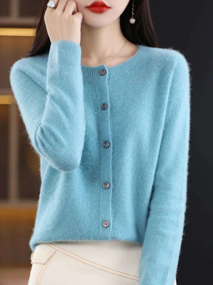 2026 New Chic Women's Basic O-neck Cardigan 100% Merino Wool Sweater Soft Grace Knitwear CoatSpring Autumn Female Clothes Tops