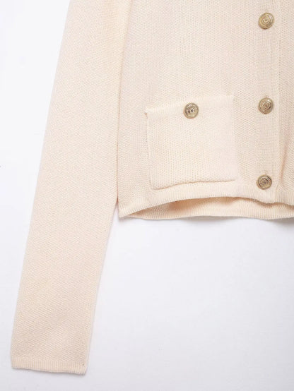 Women's Winter Slim Short Knitted Cardigan Jacket Retro Round Neck Gold Breasted Decoration Elegant Women's Casual Jacket