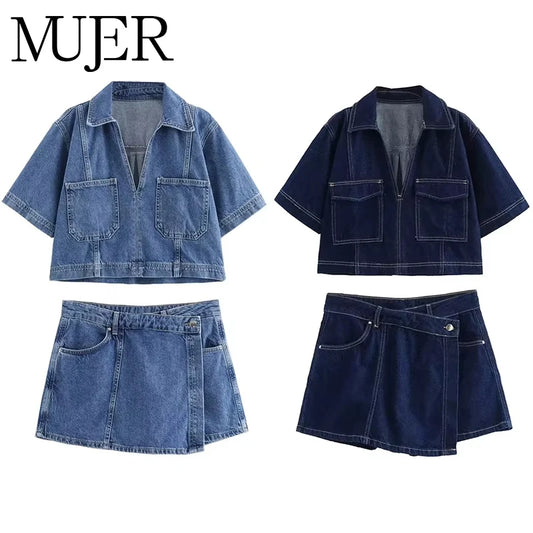Blue Denim Shirt Woman Short Sleeve Cropped Shirt Women Summer Short Tops Woman Streetwear Y2k Stylish Women's Blouses