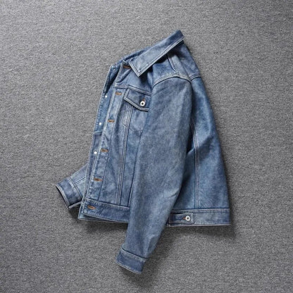 Envío gratis. Chaqueta de cuero vaquera azul Vintage para hombre. Abrigo de piel de vaca ajustado de calidad. 557 paño de cuero genuino ajustado.