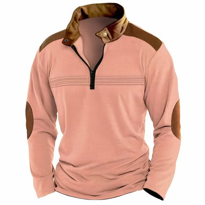 Men's contrasting half-zip stand-up collar long-sleeved top with European and American retro elbow patch design casual pullover