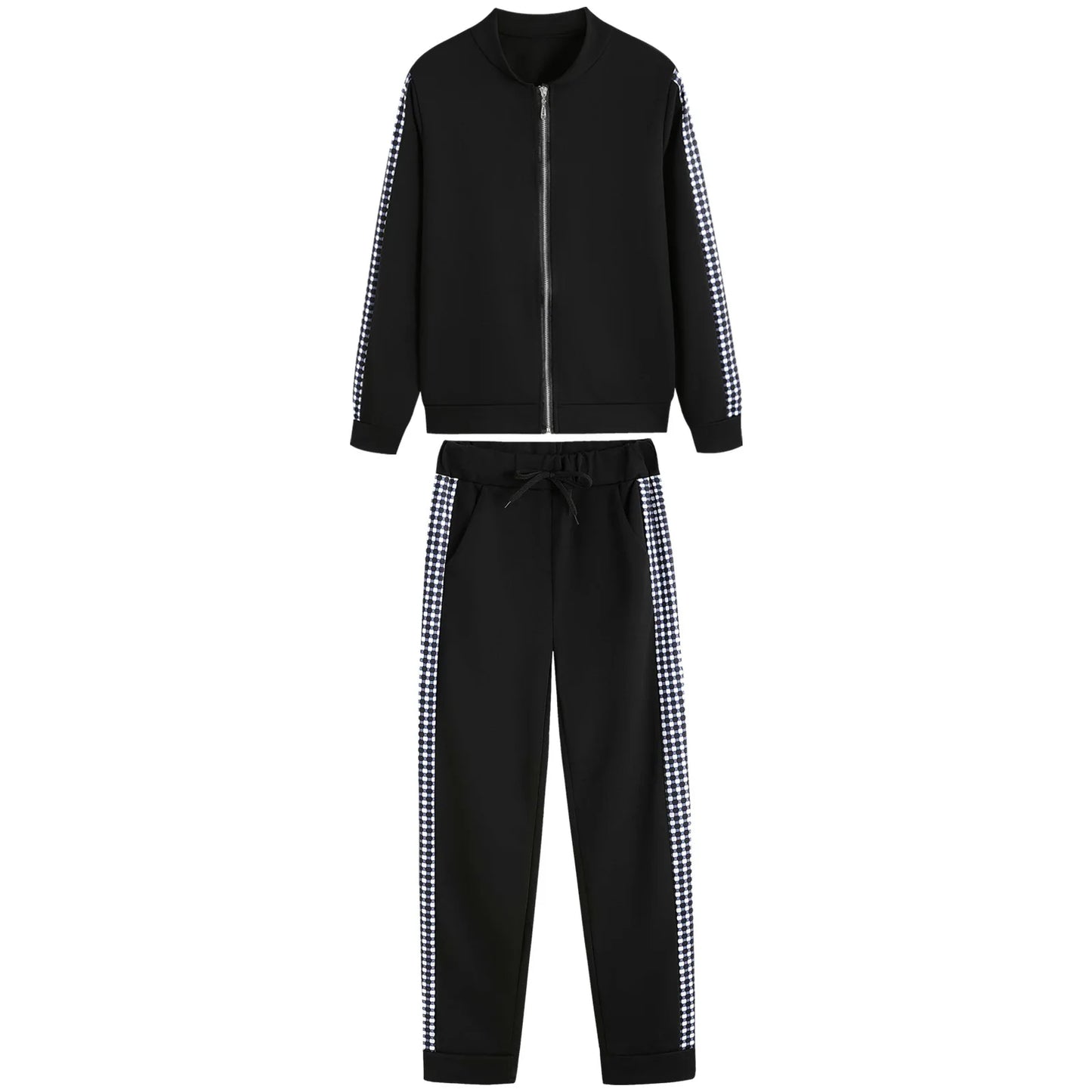 Athleisure Zipper Jacket Women's Suit Spring Fashion Patchwork Plaid Slim Fit Timid Feet Trousers Female 2 Piece Set 2025
