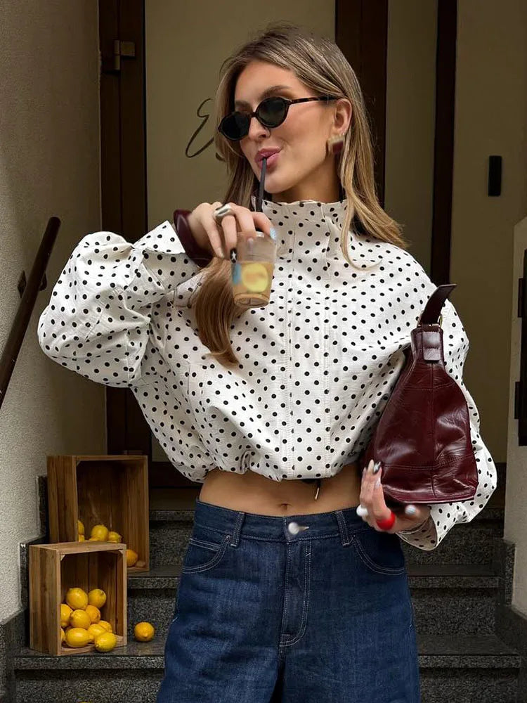 Woman Autumn Long Sleeves Turtleneck Zipper With Pockets Drawstring Casual Coats Women Fashion Polka Dot Printed Jacket