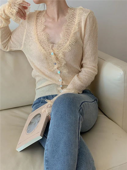 Seoulish Vintage Lace Knitted Cardigans for Women 2026 New Autumn Winter Solid Casual Slim Korean Style Ladies Tops Female