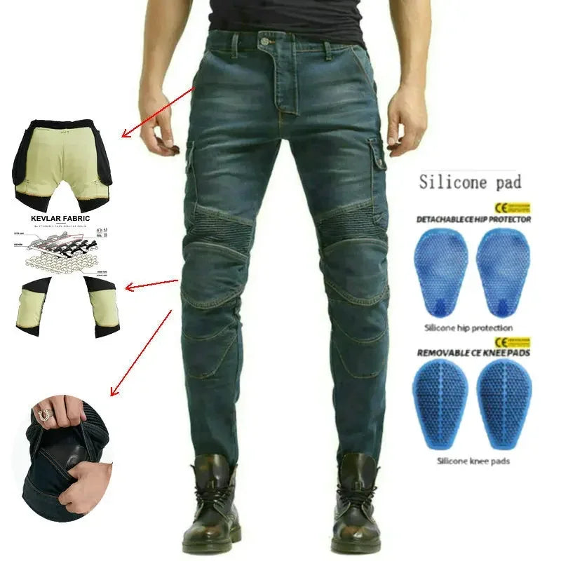 Denimaster Biker Wear-Resistant Motorcycle Riding Jeans Knight Sports Cycling Loose Straight Pants Wear Resistant Material Trousers
