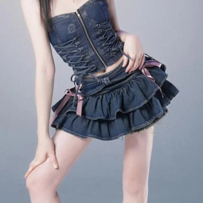 DEEPTOWN Japanese Y2k Denim Skirt Mini Women Kawaii Elastic Waist A-line Patchwork Cute Sexy Ruffles Jeans Skirt Shorts Summer