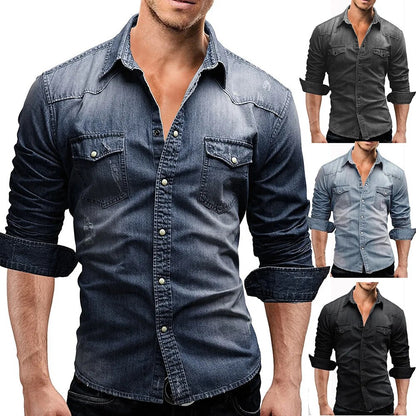 Men Denim Shirt Long Sleeve Winter Spring Autumn Casual Collar Office Polo for Men's Clothing Tops Free Shipping
