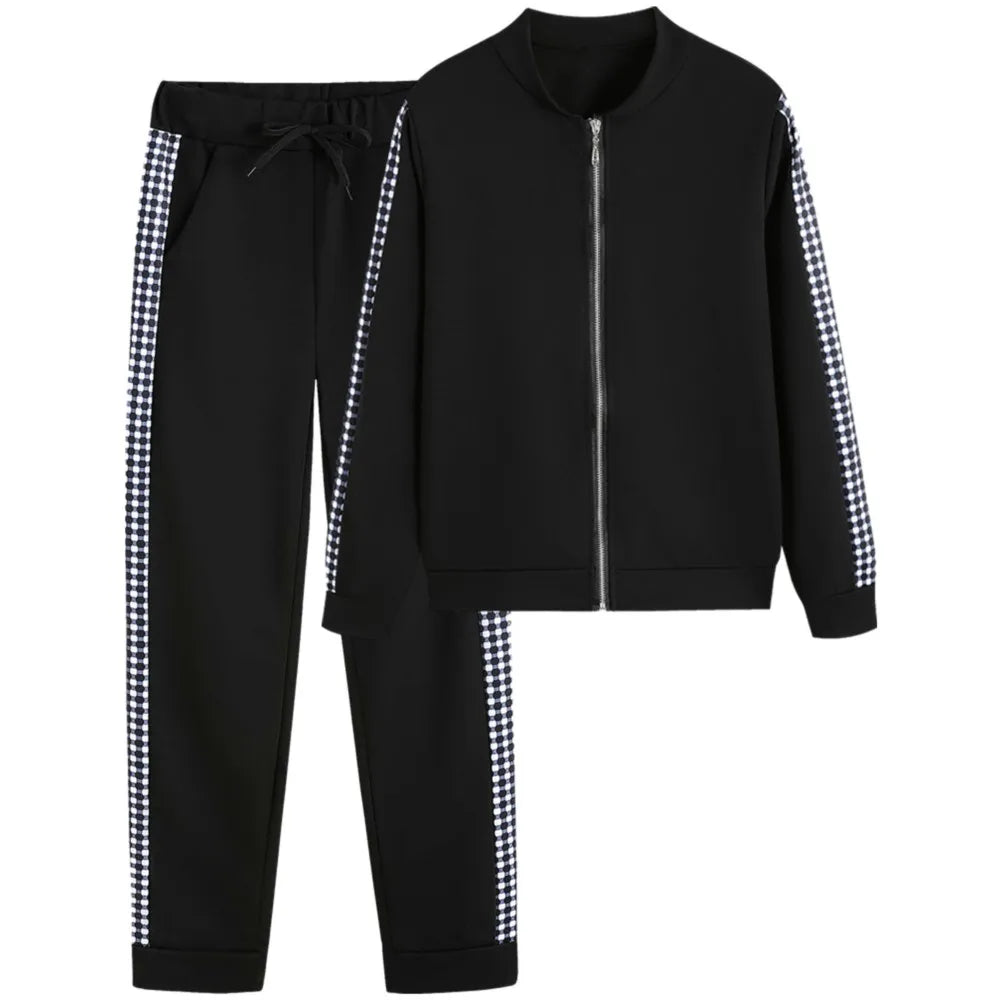Athleisure Zipper Jacket Women's Suit Spring Fashion Patchwork Plaid Slim Fit Timid Feet Trousers Female 2 Piece Set 2025