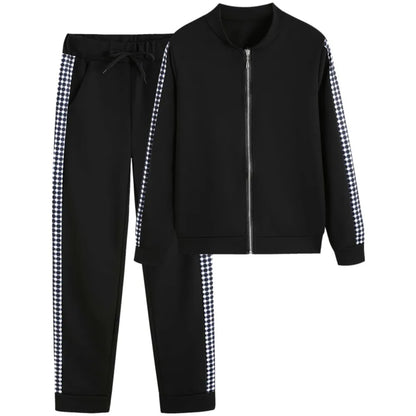 Athleisure Zipper Jacket Women's Suit Spring Fashion Patchwork Plaid Slim Fit Timid Feet Trousers Female 2 Piece Set 2025