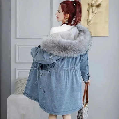 Abrigos vaqueros para mujer, prendas de vestir, chaqueta vaquera de lana gruesa y cálida, Parka larga holgada coreana con cuello de piel y capucha, novedad de 2022