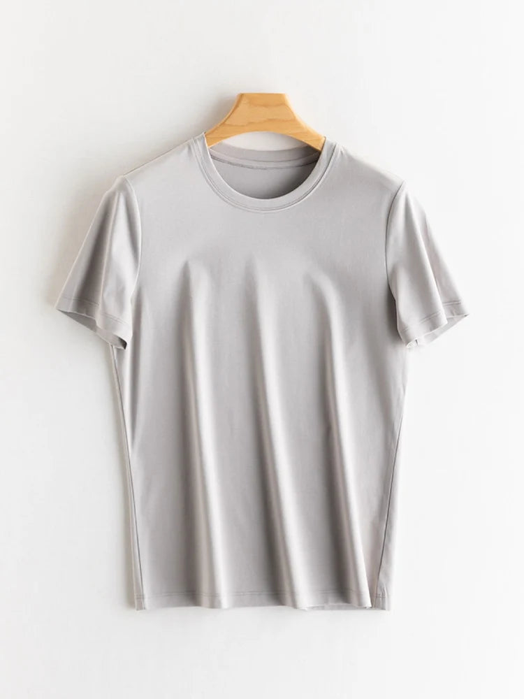 SuyaDream Women Solid T shirts, Silk Cotton Blend, O Neck, Short Sleeved Solid Tee,2026 Summer Candy Colors Basic Cozy Top Green