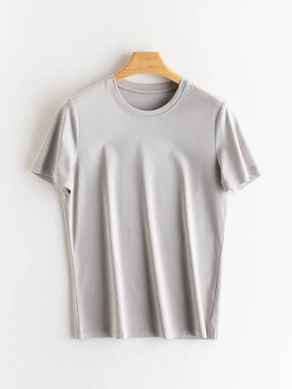 SuyaDream Women Solid T shirts, Silk Cotton Blend, O Neck, Short Sleeved Solid Tee,2026 Summer Candy Colors Basic Cozy Top Green