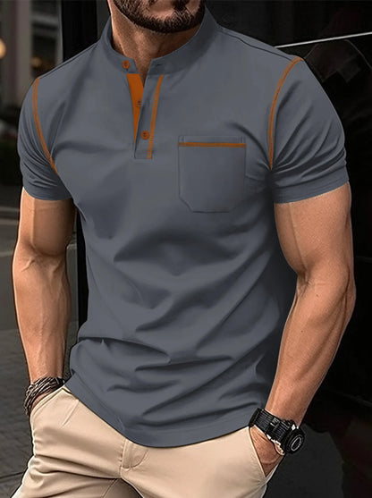 Summer New Men Henry collar short sleeve golf POLO shirt personality pocket style casual breathable sports street fashion top