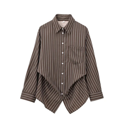 Autumn Blouses Woman Trendy Solid Stripe Turn-Down Collar Long Sleeve Buttons Single Breasted Female Street Shirts