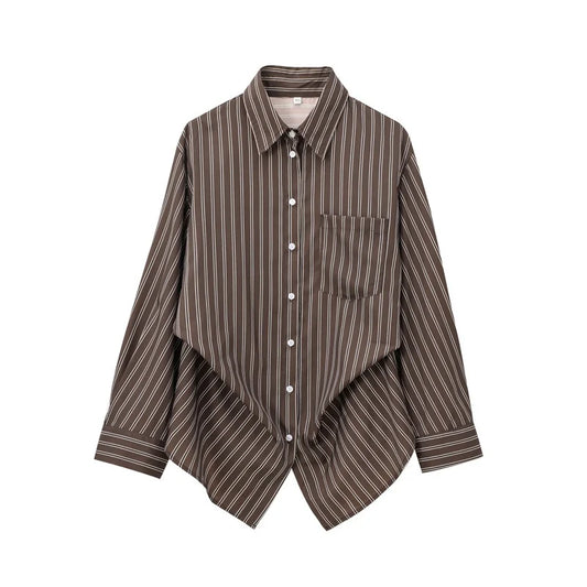 Autumn Blouses Woman Trendy Solid Stripe Turn-Down Collar Long Sleeve Buttons Single Breasted Female Street Shirts