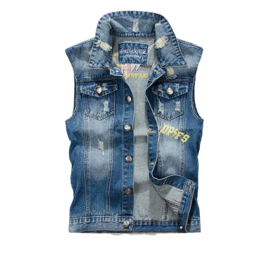 New Fashion Men Light Blue Holes Denim Vests Ripped Denim Sleeveless Jackets Waistcoats Male Cotton Slim Jeans Waistcoats 5XL