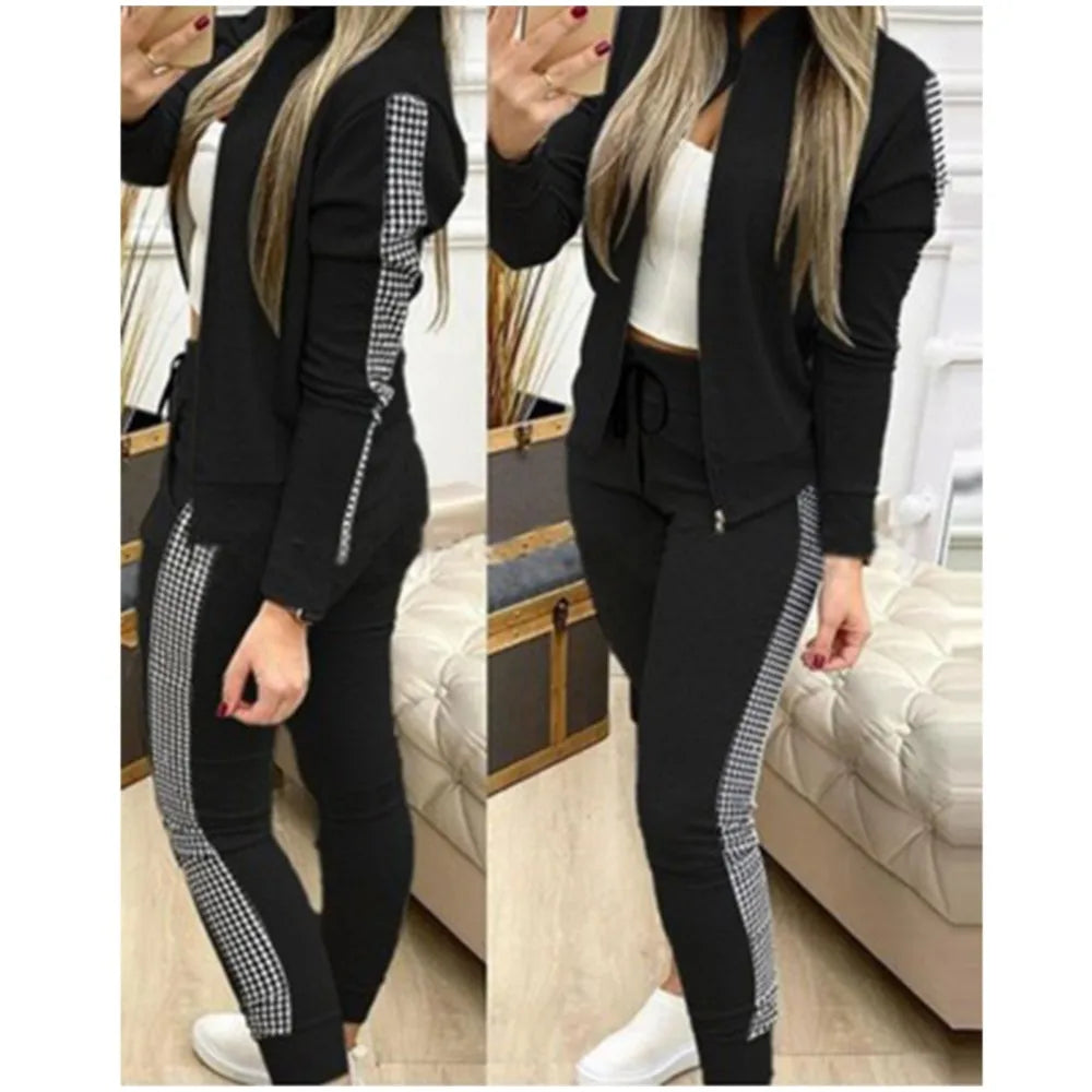 Athleisure Zipper Jacket Women's Suit Spring Fashion Patchwork Plaid Slim Fit Timid Feet Trousers Female 2 Piece Set 2025