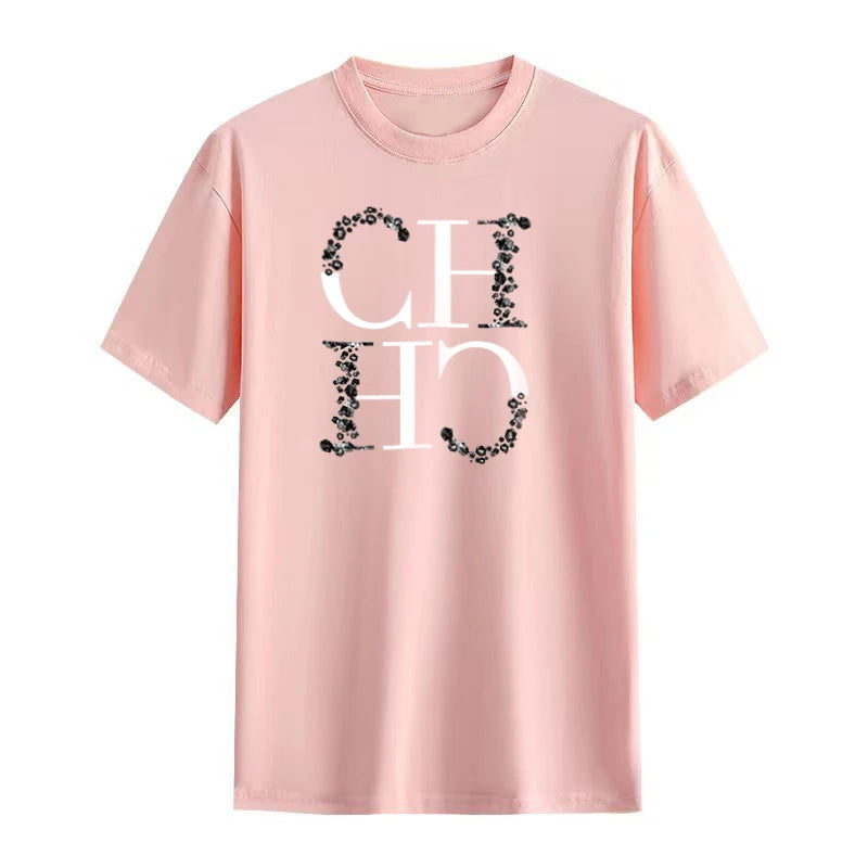 CH Letter Printed Fashionable Black T-shirt Trendy Streetwear Fashionable Men's and Women's Casual Loose Short Sleeved Top