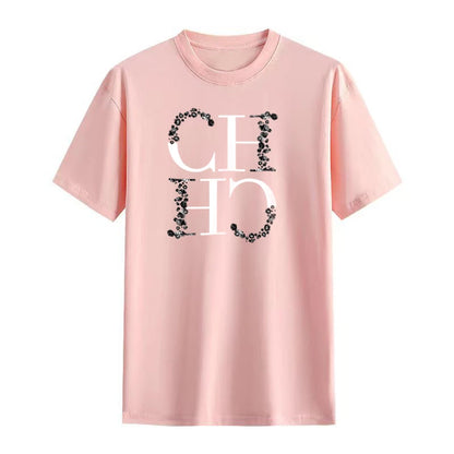 CH Letter Printed Fashionable Black T-shirt Trendy Streetwear Fashionable Men's and Women's Casual Loose Short Sleeved Top