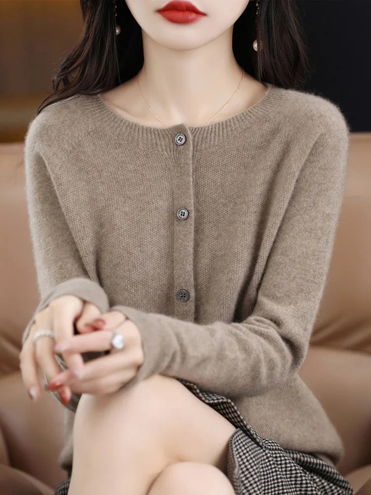 2026 New Chic Women's Basic O-neck Cardigan 100% Merino Wool Sweater Soft Grace Knitwear CoatSpring Autumn Female Clothes Tops