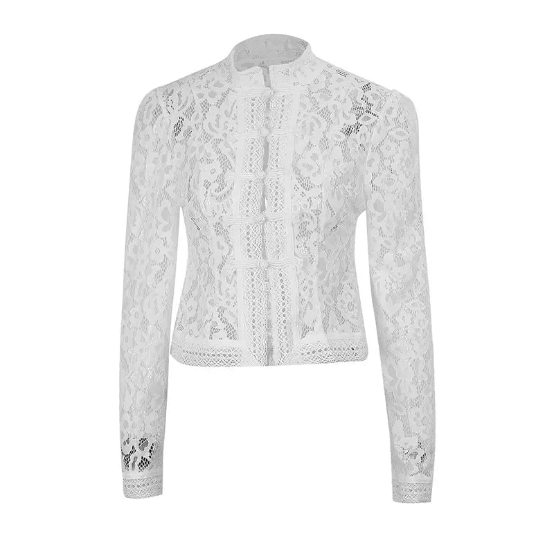 Women's Lace Printed Shirts Tops Spring New Full Sleeve Hollow Out Single Breasted Patchwork Blouse Female Fashion Shrug Shirts