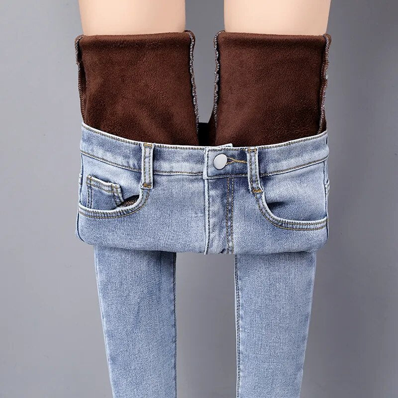 Pantalones vaqueros cálidos de invierno para mujer, pantalones informales de terciopelo de cintura alta para mujer, pantalones vaqueros para mujer 2022