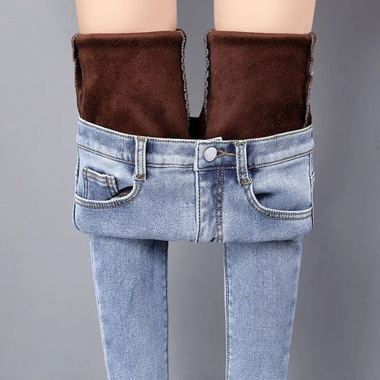 Pantalones vaqueros cálidos de invierno para mujer, pantalones informales de terciopelo de cintura alta para mujer, pantalones vaqueros para mujer 2022