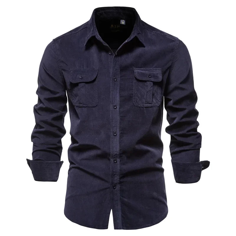 Fashion Single Breasted Cotton Men's Shirt Business Casual Fashion Solid Color Corduroy Men Shirts Autumn Slim Shirt Men