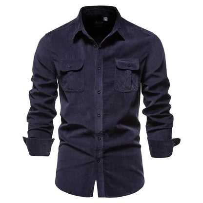 Fashion Single Breasted Cotton Men's Shirt Business Casual Fashion Solid Color Corduroy Men Shirts Autumn Slim Shirt Men