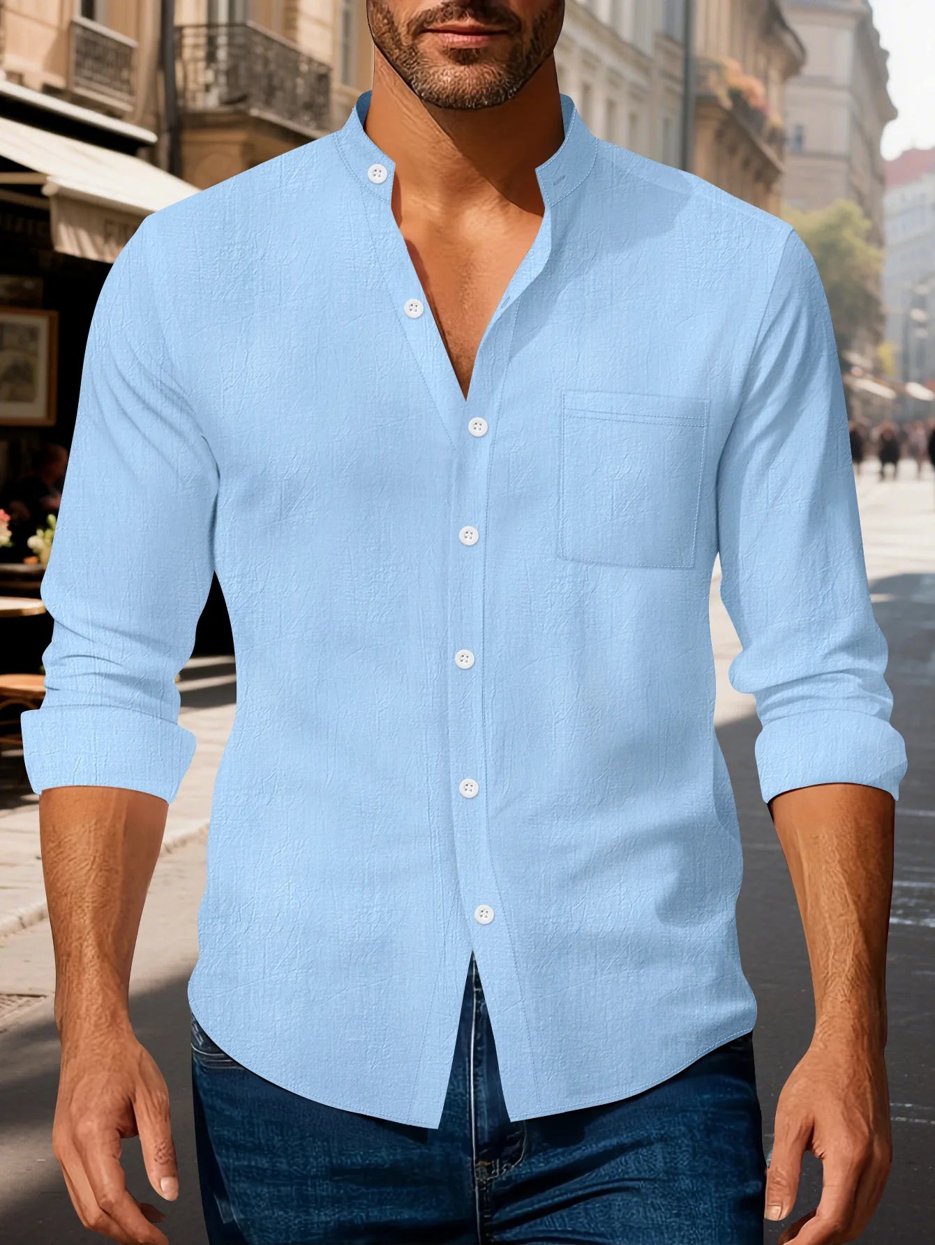 Autumn men's clothing 2025 new item men's solid color cotton and linen shirt stand up collar cardigan long sleeved casual busine