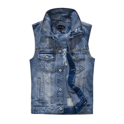 Men Ripped Denim Waistcoats Vests Jackets Light Blue Holes Denim Coats Vests New Fashion Male Cotton Slim Jeans Waistcoats 5XL