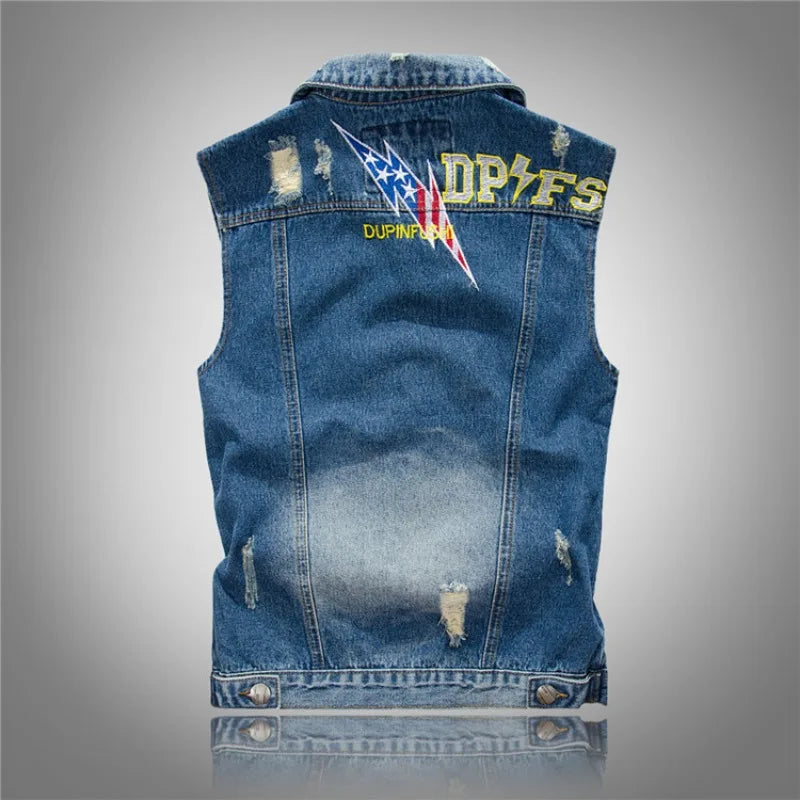 New Fashion Men Light Blue Holes Denim Vests Ripped Denim Sleeveless Jackets Waistcoats Male Cotton Slim Jeans Waistcoats 5XL